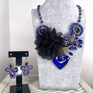Elegant Blue and Black Statement Necklace and Earring Set
